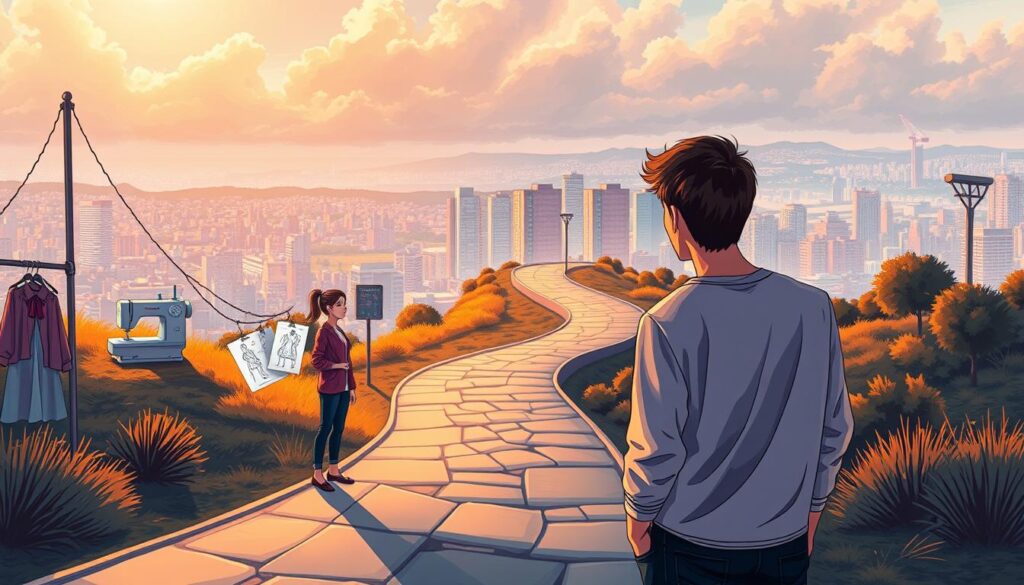 Detailed illustration of the path to becoming a fashion designer. In the foreground, a young person standing at a crossroads, contemplating their career options. The middle ground features a winding road leading to a fashion design studio, with sketches, sewing machines, and fashion illustrations lining the way. The background showcases a vibrant cityscape, symbolizing the dynamic fashion industry. Warm lighting casts a dreamlike glow, evoking the aspirations and creativity inherent in the fashion design journey. Realistic yet imaginative, capturing the essence of the section title "The Path to Becoming a Fashion Designer".