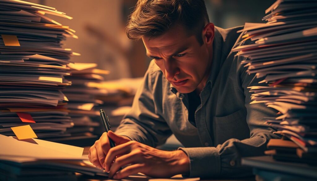 Detailed schedule management struggle: A harried designer, surrounded by stacks of papers and digital devices, furrowing their brow in deep concentration as they juggle multiple deadlines and priorities. Warm, moody lighting illuminates the chaos, creating a sense of tension and pressure. The foreground features the designer's hands, frantically typing or scribbling notes, while the middle ground reveals a cluttered workspace filled with half-finished projects and scattered Post-It notes. The background is hazy, suggesting the designer's distracted, overwhelmed state of mind as they navigate the complexities of managing a design production schedule.