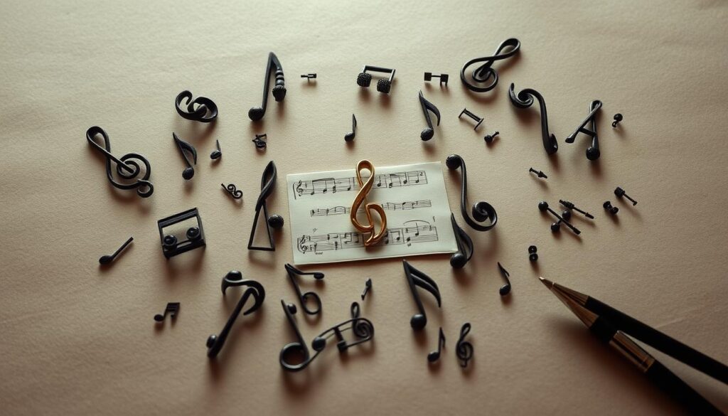 Elegant arrangement of musical notes and symbols, symbolizing the intricate responsibilities and ethics of an arranger. A refined composition featuring a central, well-balanced arrangement with evocative lighting, creating a sense of depth and balance. The arrangement is surrounded by a muted, atmospheric background, conveying the thoughtful and meticulous nature of the arranger's role. Soft, warm tones and subtle textures evoke a professional, refined aesthetic. The overall scene exudes a sense of order, precision, and the weight of the arranger's creative and ethical considerations.