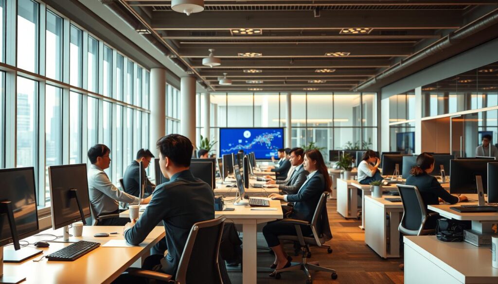 Expansive modern office interior with a focus on a group of professional-looking Japanese insurance company employees seated at their desks. The scene should be brightly lit with warm, natural lighting filtering in through large windows, creating a sense of openness and productivity. The employees should be depicted in a variety of poses, engaged in discussion or focused on their computer screens, conveying the dynamic nature of their work. The overall atmosphere should be one of a well-organized, efficient, and technologically-advanced insurance company.