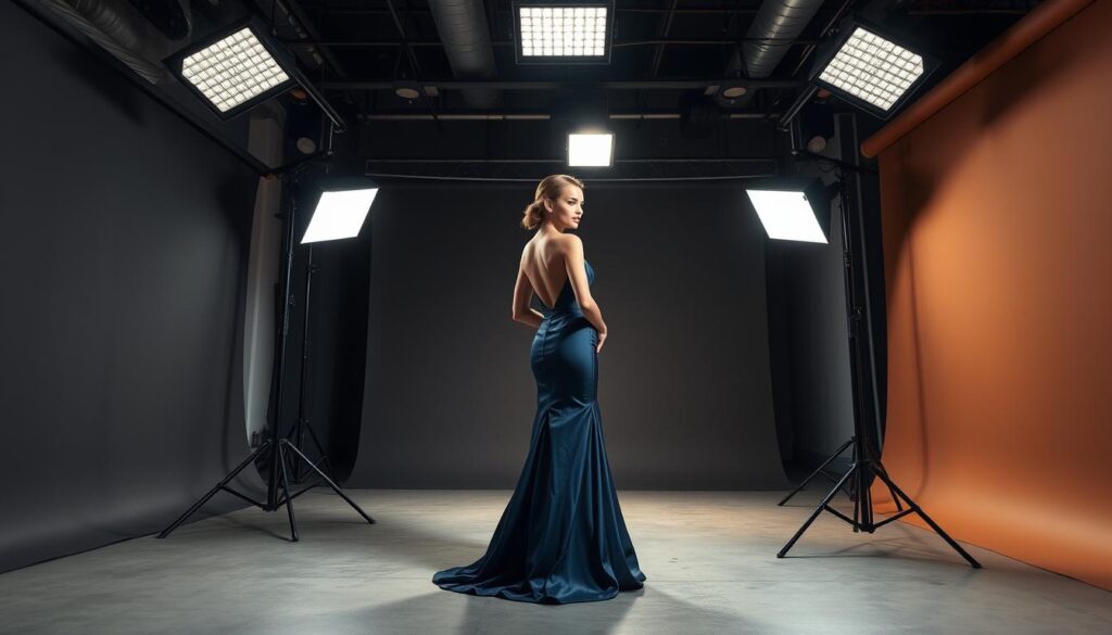 High-fashion editorial shoot in a modern urban studio. A professional model poses gracefully in an elegant evening gown, illuminated by soft, directional lighting from multiple angles. The background features sleek, minimalist backdrops in muted tones, allowing the subject to take center stage. The overall atmosphere is one of sophistication, glamour, and the meticulous attention to detail that defines commercial fashion photography.