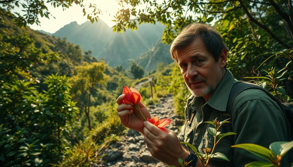 Lush, verdant forest landscape with a plant hunter meticulously examining a rare, exotic flower specimen. Dappled sunlight filters through the canopy, casting a warm, golden glow. In the middle ground, a rugged, winding trail leads deeper into the unknown, beckoning the explorer. In the background, rugged mountain peaks reach towards the sky, suggesting an untamed, remote setting. The hunter's expression is one of intense focus and curiosity, embodying the thrill of scientific discovery in the field. Cinematic, wide-angle composition captures the grandeur and sense of adventure inherent to the plant hunter's work.