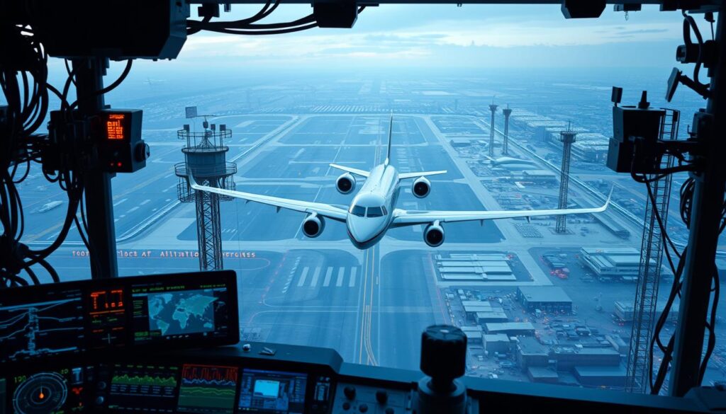 Prompt A complex aerial guidance system, featuring a sleek, modern aircraft with advanced avionics. The aircraft is surrounded by a network of sensors and control towers, guiding it seamlessly along its flight path. The scene is bathed in a cool, technical lighting, highlighting the precision and automation of the system. In the foreground, a panel of digital readouts and control interfaces provide real-time data to the operator, while the middle ground features the aircraft banking gracefully through the sky. In the background, a sprawling airport landscape unfolds, with runways, hangars, and other support infrastructure. The overall atmosphere conveys a sense of advanced, efficient air traffic management, hinting at the future potential of such systems to transform the aviation industry.