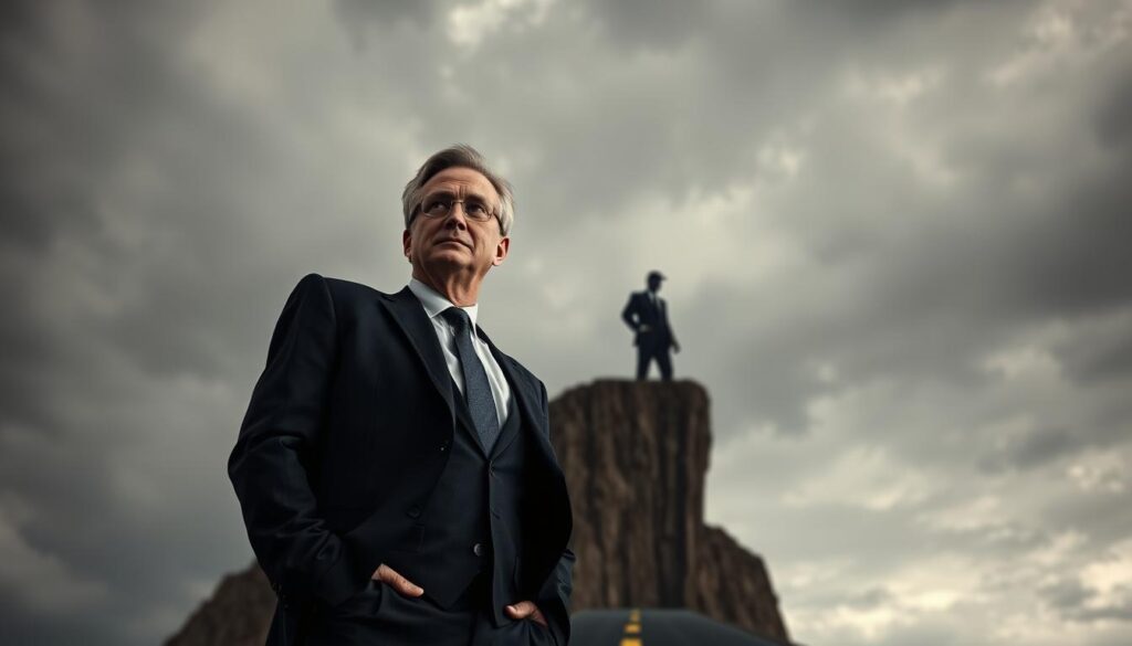 Prompt A middle-aged professional in business attire, hesitant and uncertain, standing at a crossroads with an ominous, looming cliff edge before them. The sky is overcast, casting a somber, foreboding atmosphere. In the background, a shadowy figure representing the naysayers and doubters, their words of discouragement echoing. The lighting is dramatic, creating deep shadows and highlights to emphasize the sense of unease and trepidation. The camera angle is slightly low, looking up at the subject, adding to the feeling of vulnerability. The overall mood conveys the challenges and risks of mid-career transitions, the weight of societal expectations, and the difficult decision facing the individual.