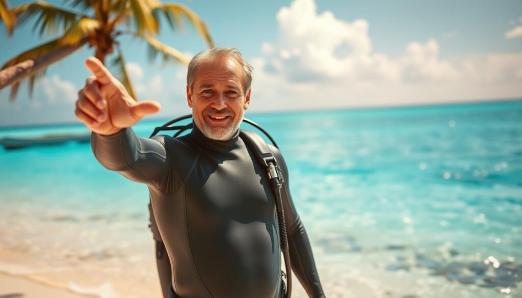 Prompt A seasoned diving instructor, clad in a sleek wetsuit, stands confidently on a sun-dappled tropical beach, one hand gesturing toward the crystal-clear waters of a turquoise lagoon. Their face is filled with a sense of adventure and expertise, ready to guide a new generation of divers into the wonders of the underwater world. The scene is bathed in warm, golden light, conveying the tranquility and allure of a career spent exploring the depths. In the background, palm trees sway gently, hinting at the exotic locale where this instructor's skills are in high demand. The overall composition evokes the thrill and serenity of a profession dedicated to unlocking the secrets of the ocean.