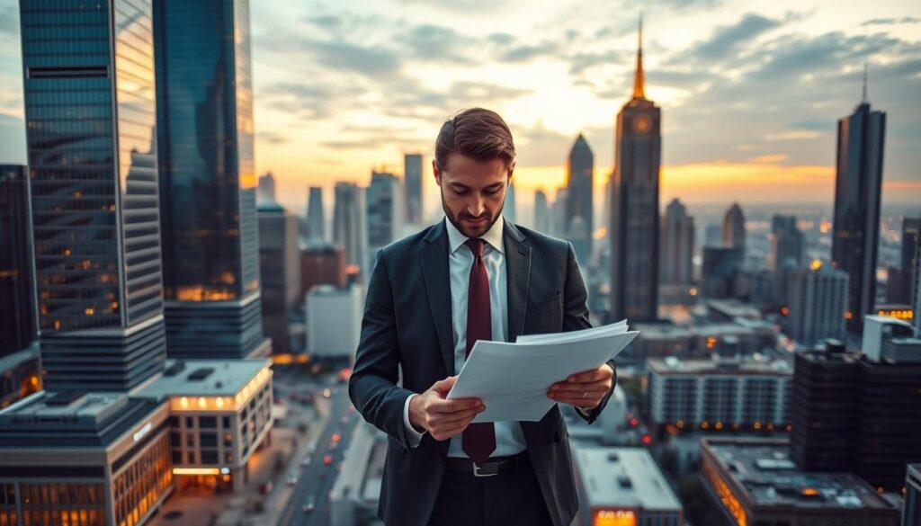 Prompt A striking cityscape at dusk, with towering skyscrapers and bustling streets below. In the foreground, a well-dressed urban professional, a city planning consultant, stands contemplatively, examining financial documents. Warm, golden lighting illuminates the scene, creating a sense of prosperity and success. The consultant's posture and attire convey confidence and authority, hinting at the high-earning potential of this specialized career. In the background, a panoramic view of the modern metropolis, showcasing the consultant's vital role in shaping the urban landscape and the lucrative rewards it can bring.