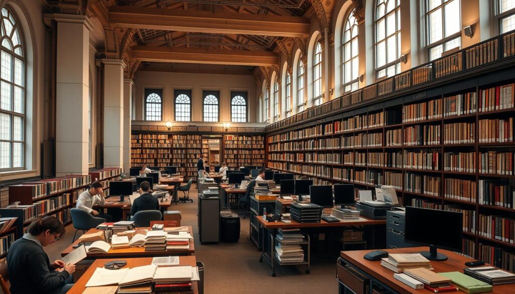 a detailed interior of a university library or archive, with rows of bookshelves, study tables, and computer workstations. a warm, soft lighting illuminates the space, creating a cozy and focused atmosphere. the architecture features high ceilings, large windows, and a mix of modern and classic design elements. in the foreground, a student or archivist is intently studying documents or organizing archival materials, showcasing the diligent work of preserving historical records. the middle ground includes a variety of reference materials, archival boxes, and specialized equipment used for digitization and conservation. the background depicts a panoramic view of the extensive collection, hinting at the vast trove of knowledge and history contained within the university archives.