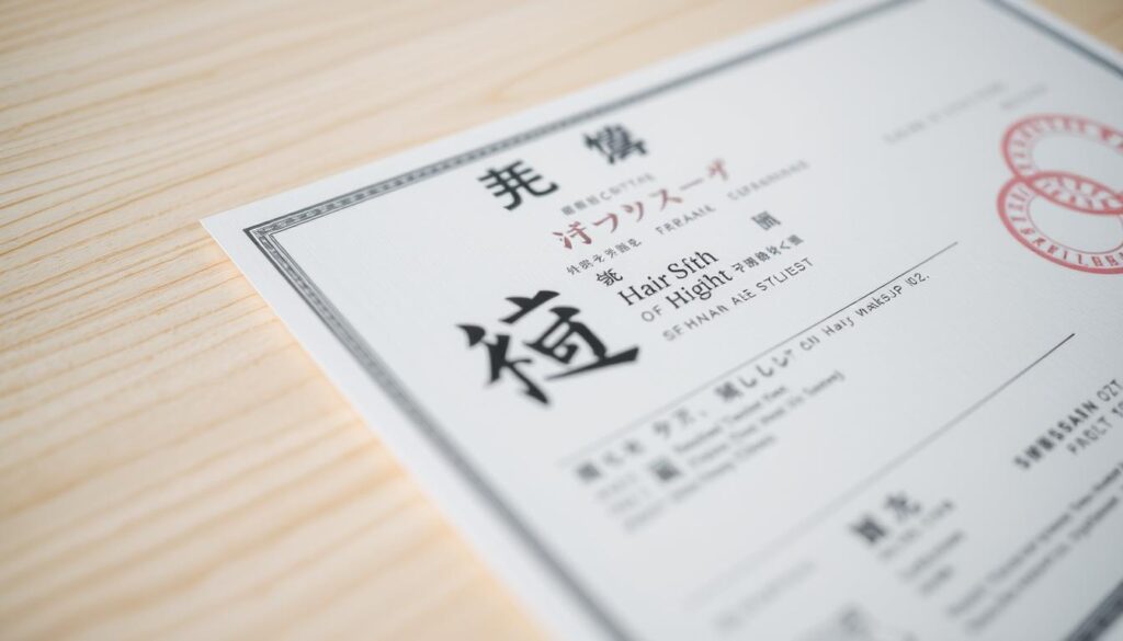 A close-up shot of a professional hair stylist's license, known as "美容師免許" in Japanese, resting on a light-colored wooden surface. The license is presented in a formal, government-issued style, with intricate details and official seals. The image is well-lit, showcasing the certificate's crisp, high-quality printing. The background is slightly blurred, creating a sense of depth and focus on the central subject. The overall mood is one of authority, professionalism, and the specialized expertise required to become a certified hair and makeup artist in Japan.