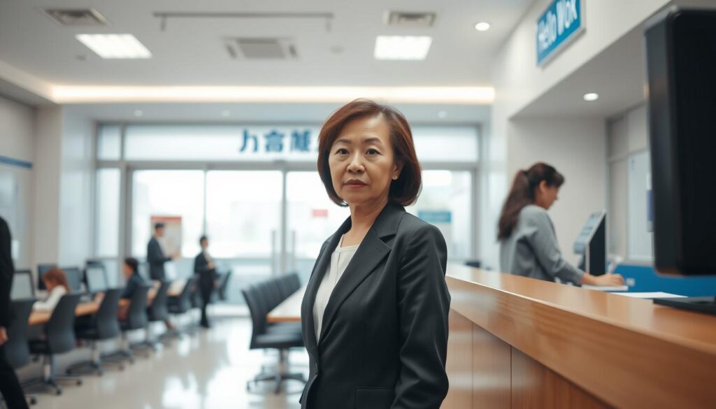 A mid-morning scene at a busy Hello Work (公共職業安定所) employment center. The foreground shows a middle-aged woman in a smart, professional blazer and skirt, standing in line at the reception desk, her expression a mix of determination and apprehension. The middle ground features a spacious, well-lit interior with rows of seats and computer terminals where job seekers consult with counselors. The background depicts the entrance, with sliding glass doors and a prominent Hello Work sign, conveying a sense of the center's role as a gateway to new employment opportunities. The lighting is soft and diffused, creating a warm, approachable atmosphere, while the camera angle is set at eye level to evoke a sense of immersion and empathy with the subject.