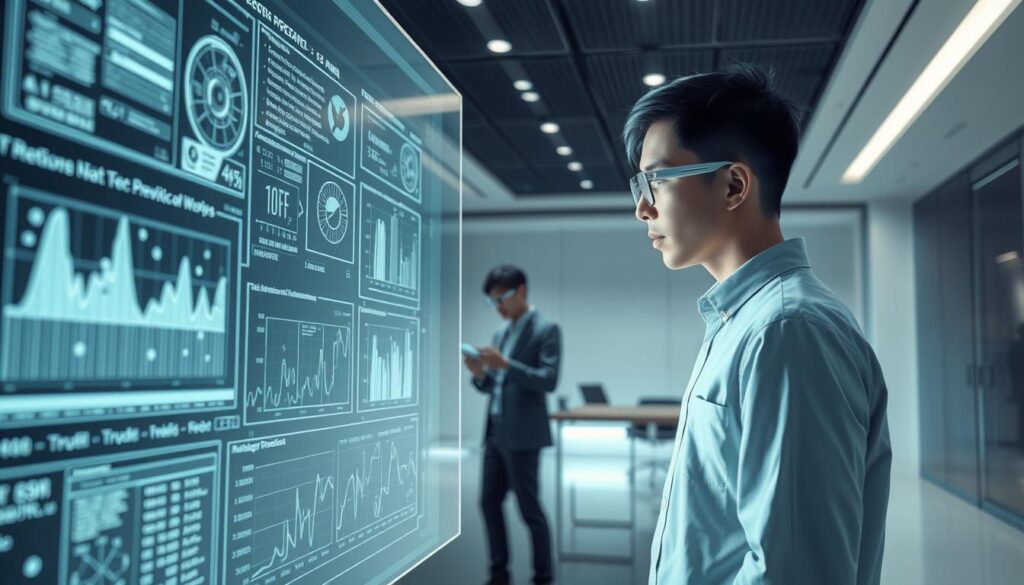 A detailed, futuristic illustration of "予測" (forecast) in the context of the design producer's work and career prospects. In the foreground, a sleek, holographic display panel shows intricate data visualizations and trend analyses. In the middle ground, a design producer works intently, using AR interfaces to manipulate and interpret this predictive information. The background depicts a minimalist, high-tech office environment, with clean lines, subtle lighting, and a sense of innovation and forward-thinking. The overall mood is one of technological sophistication, strategic foresight, and the endless possibilities inherent in the design producer's role.
