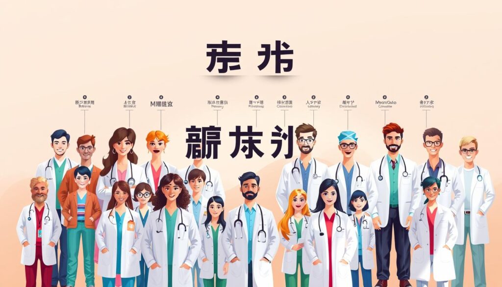 Vibrant illustration of a comprehensive "職種 一覧" showcasing a diverse range of medical professionals. A clean, well-organized layout with concise labels and icons representing various co-medical roles. The scene is set against a warm, inviting pastel background, creating a sense of professionalism and approachability. Subtle lighting from the side casts a soft, natural glow, highlighting the details and emphasizing the different job titles. The overall composition is balanced and visually appealing, providing a clear and informative representation of the co-medical field.