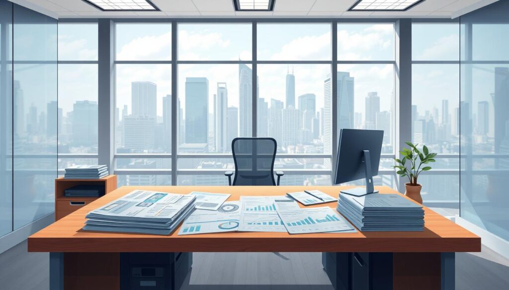 A high-quality, detailed illustration of "年収と給与構造" for a systems administrator. The scene shows a well-lit office interior, with a large desk in the foreground displaying a variety of financial documents, spreadsheets, and charts. In the middle ground, an ergonomic office chair and desktop computer setup suggest the daily work routine. The background features a panoramic window view overlooking a bustling city skyline, conveying the professional status and earning potential of the systems administrator role. The overall mood is one of analytical precision, data-driven decision making, and financial stability.