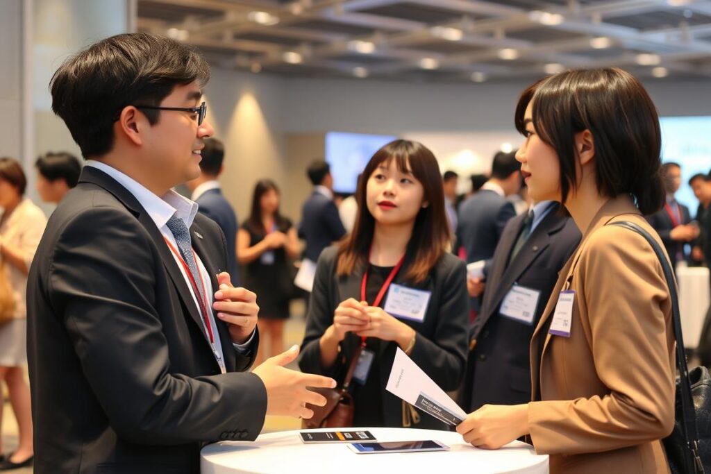 若い男女がビジネスイベントでネットワーキングしている様子。20代転職戦略としてネットワーキングを活用している。