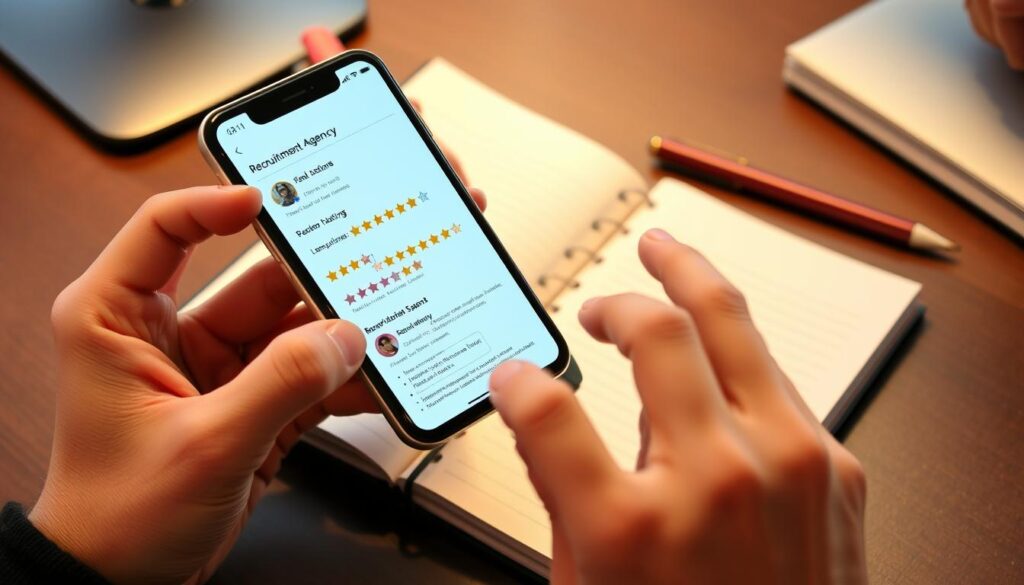 スマートフォンで転職エージェントの口コミを確認している様子