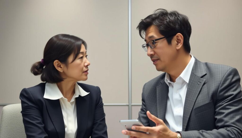 退職を伝える会話をしている様子 - 内定後の円満退職のための会話例 退職を伝える会話をしている様子 - 内定後の円満退職のための会話例