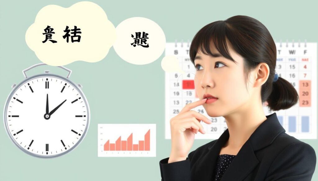 カレンダーと時計を背景に、転職のタイミングを考える若い女性。20代転職戦略として最適なタイミングを見極めている。