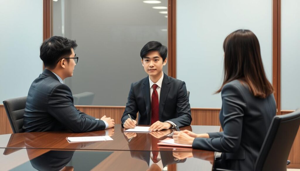 20代の男性が面接官と対面で面接を受けている様子。20代転職戦略として面接対策を行っている。