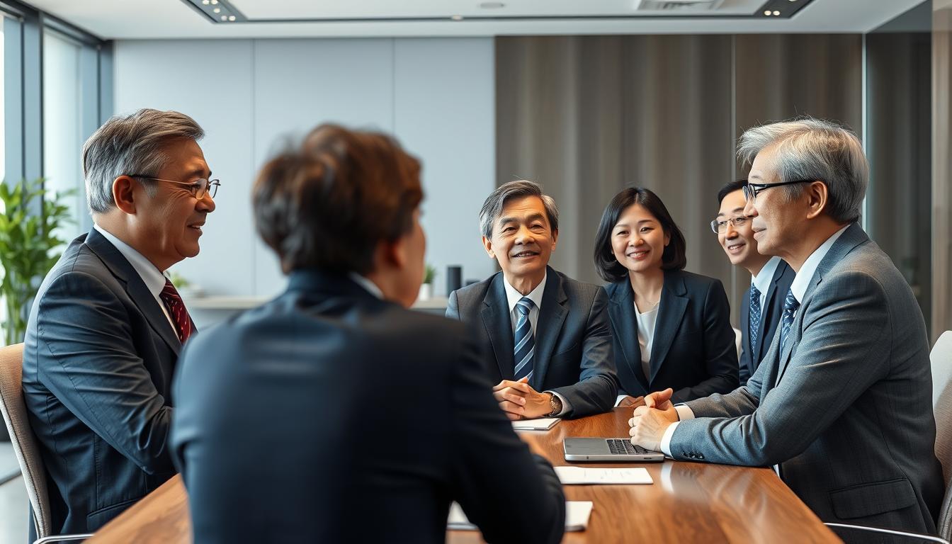 40代50代の男女が会議室で転職面接を受けている様子