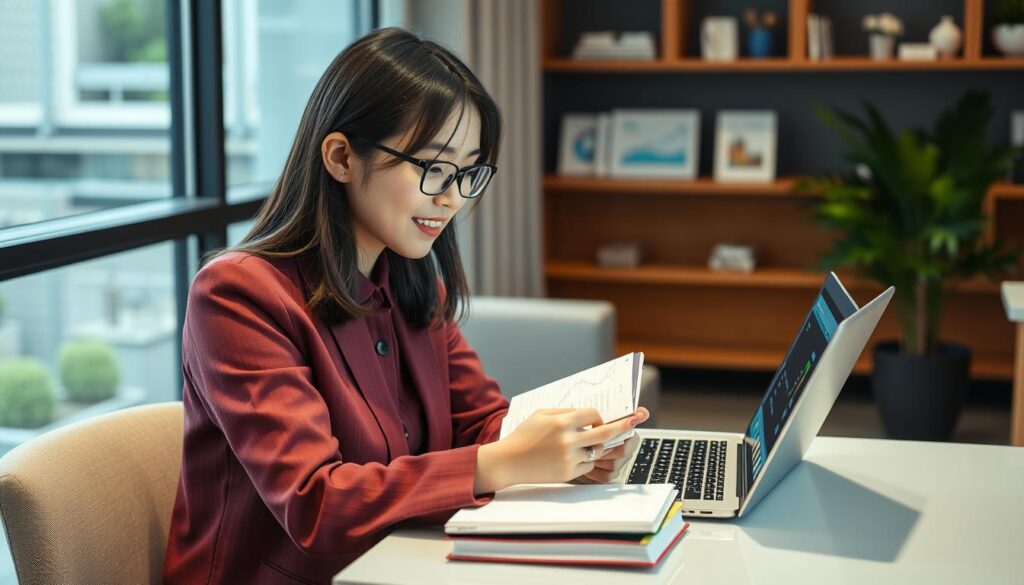 若い女性がノートパソコンで転職市場を調査している様子。20代転職戦略の第一歩として市場調査を行っている。