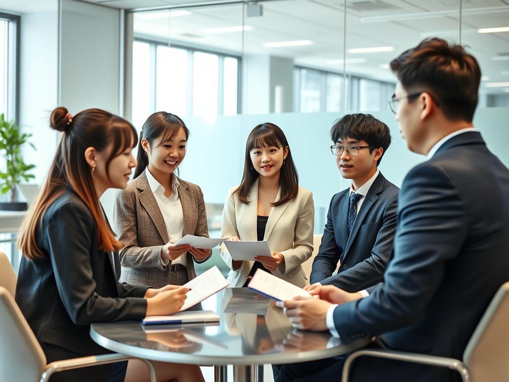 第二新卒の若者たちがオフィスで研修を受けている様子。20代転職戦略として第二新卒の特徴を活かしている。