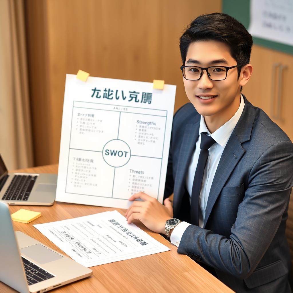若い男性が自己分析シートに記入している様子。20代転職戦略として自己分析を行っている。