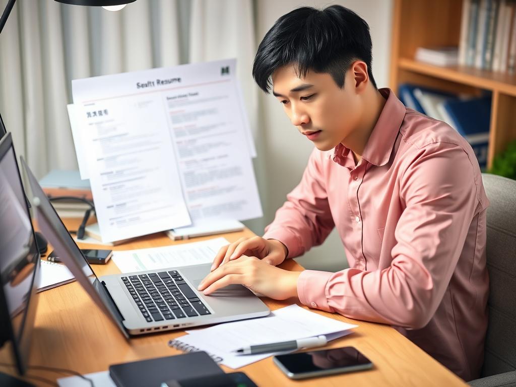 職務経歴書を作成している若い男性。20代転職戦略として効果的な職務経歴書を作成している。