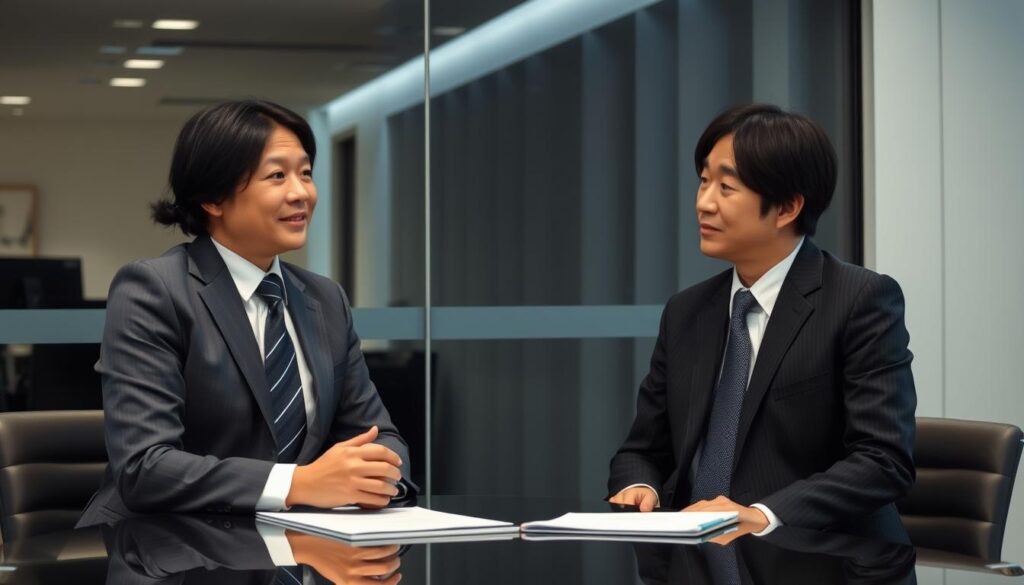 上司と会議室で話し合う会社員 - 内定後の退職を伝える場面 上司と会議室で話し合う会社員 - 内定後の退職を伝える場面