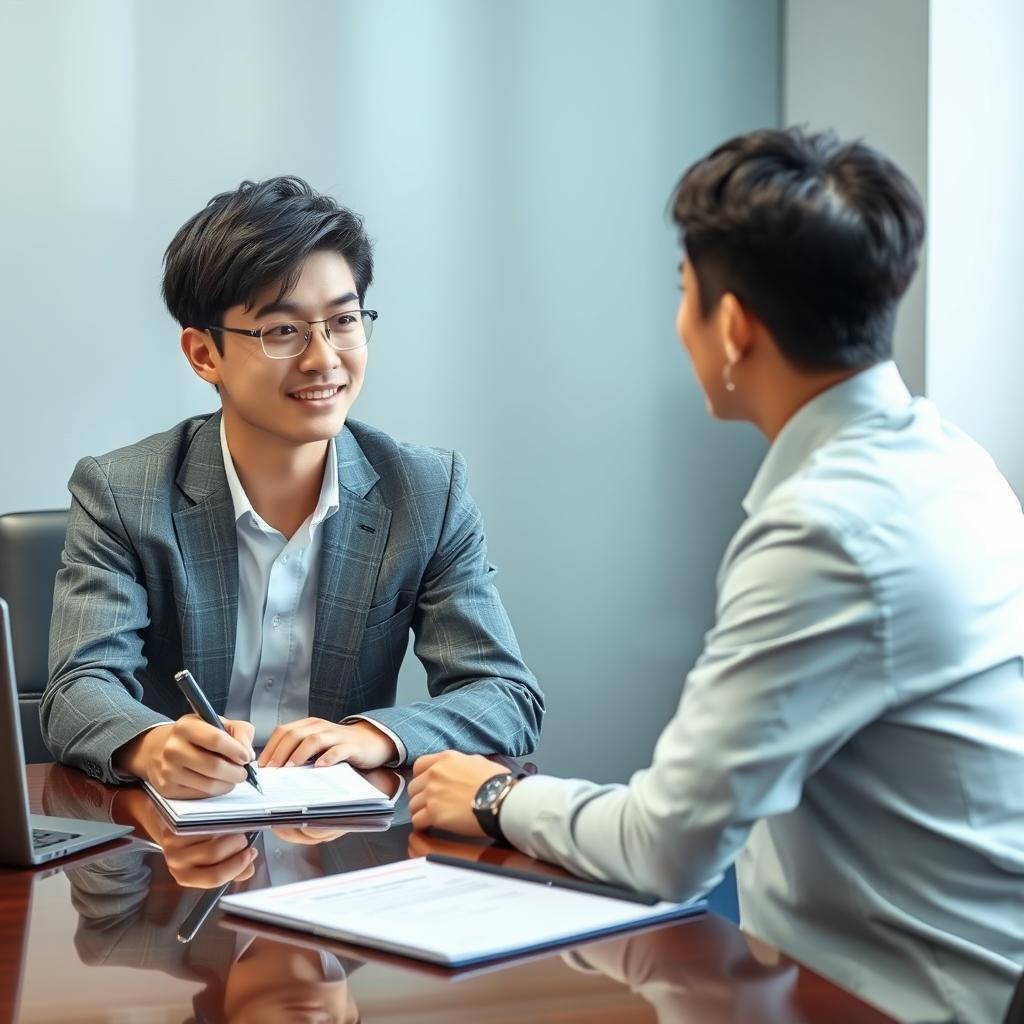 若い男性が転職エージェントとの面談に臨んでいる様子。20代転職戦略として効果的な面談を行っている。
