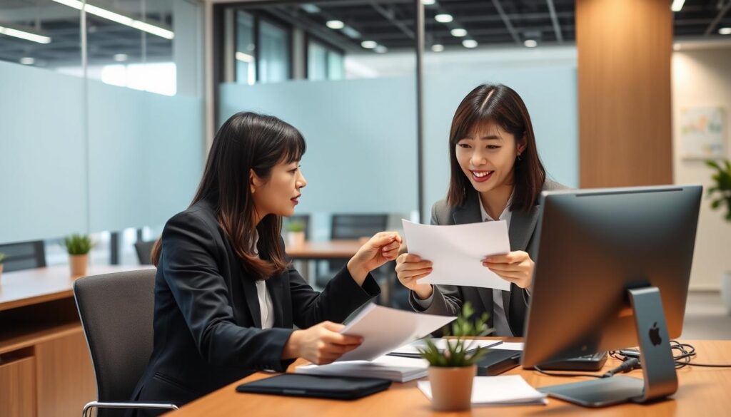 若い女性が転職エージェントのキャリアアドバイザーと面談している様子。20代転職戦略として転職エージェントを活用している。
