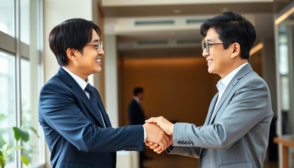 握手をする二人のビジネスパーソン - 内定後の円満退職のまとめ 握手をする二人のビジネスパーソン - 内定後の円満退職のまとめ