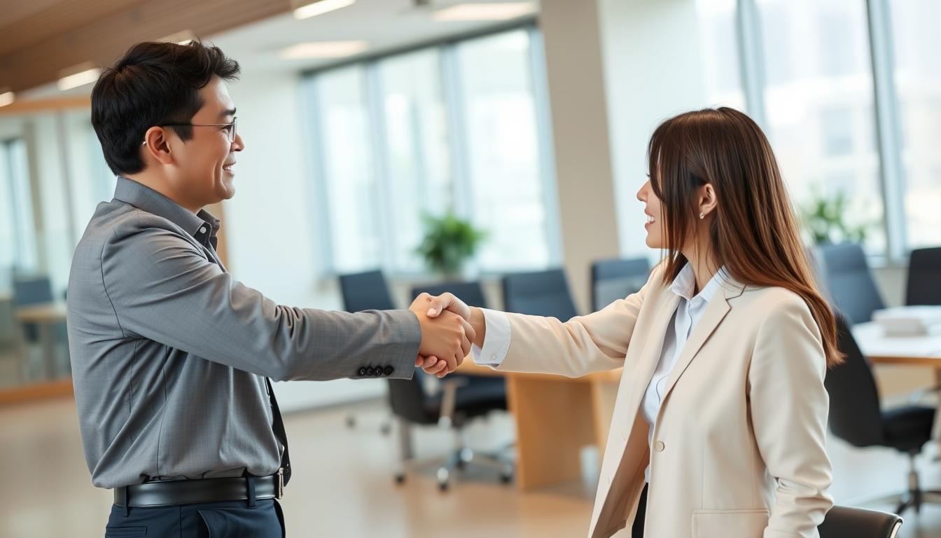 握手をする会社員と上司 - 内定後の円満退職の重要性を表す場面