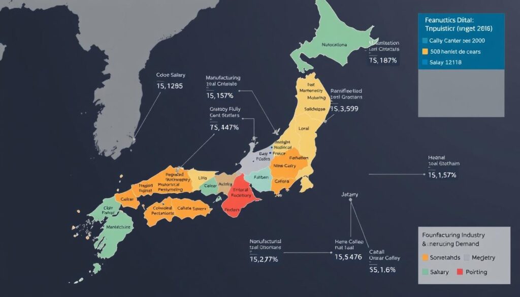 日本地図上に示された製造業・物流業界の地域別需要差
