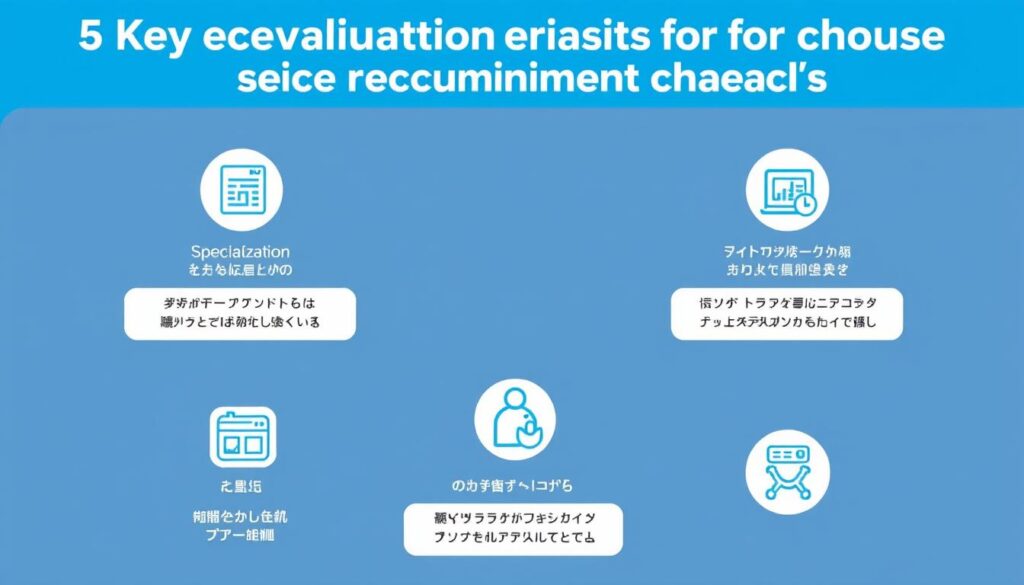 5つの評価基準を示した図表。専門性、求人数、サポート内容、実績、口コミ評価が図示されている